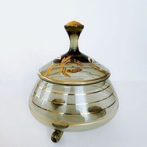 Vintage Smokey Gray Glass Romanian Bohemia Crystal Lidded Dish Compote​​​